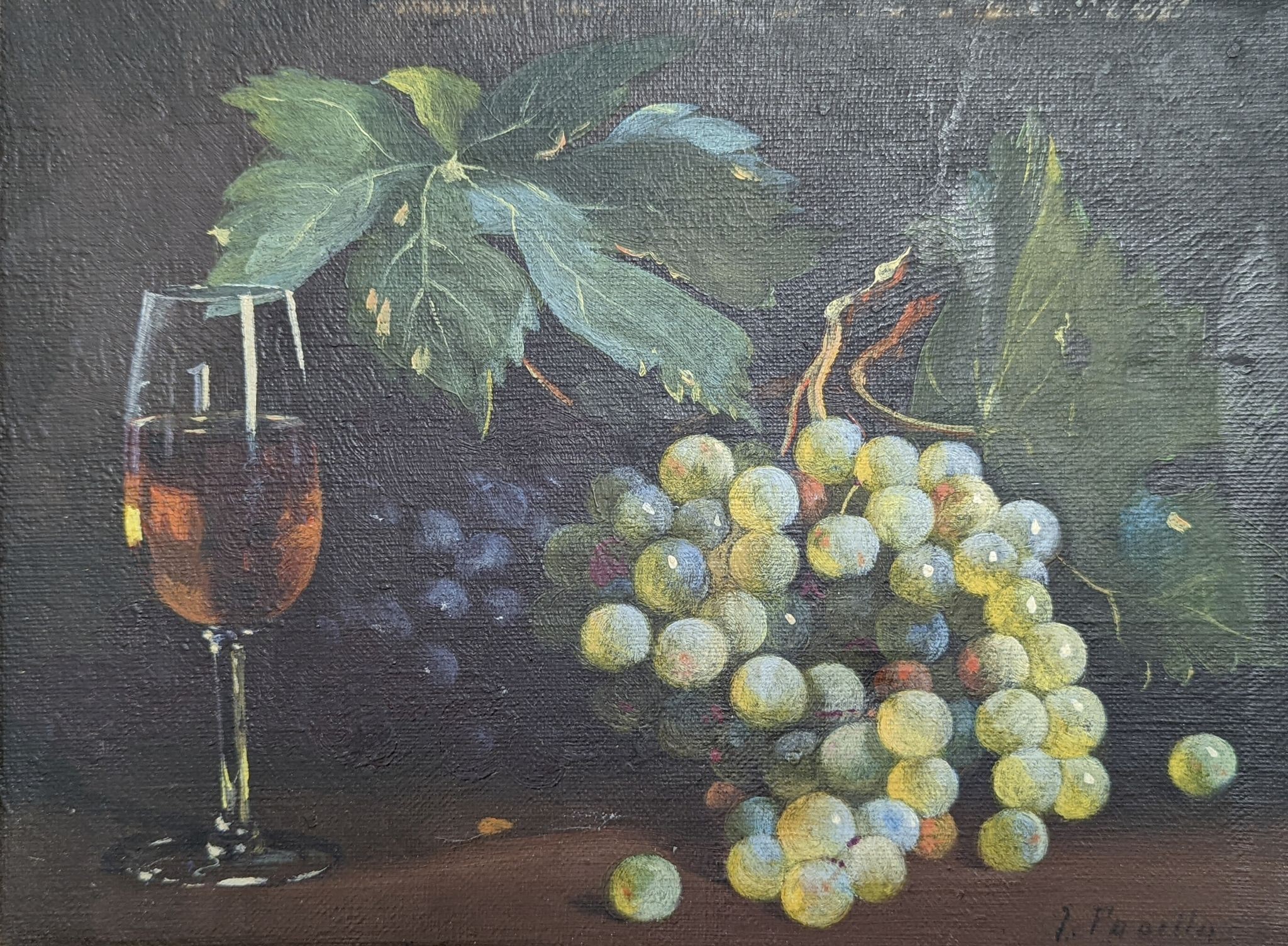 I. Paoilla, oil on canvas, Still life of a glass of wine and grapes, indistinctly signed, 20 x 27cm